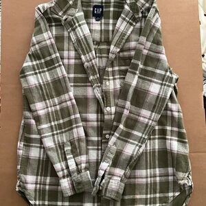 GAP Olive Green and Light Pink Plaid Button-Down Shirt